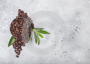 Fresh raw organic coffee beans with coffee trea leaf on light kitchen table background