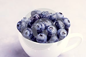 Fresh Raw Organic Farm Blueberry in Cup on white kitchen Background Above