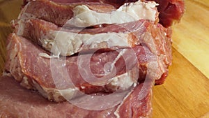 Fresh raw pork meat close-up. Preparing for frying. Pork steak. Rotation