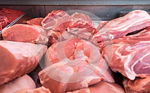 Fresh raw pork meat for sale at butchery store Ljubljana central market