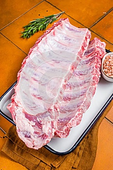 Fresh Raw pork spare loin ribs in a steel tray with herbs. Orange background. Top view