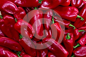Fresh raw red bell peppers  Capsicum annuum . Texture, background. Top view, flat lay