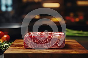 Fresh raw red meat on rustic cutting board with kitchen background and natural lighting