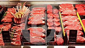 Fresh raw red meat in supermarket