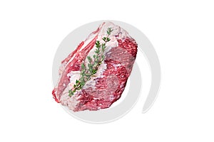 Fresh Raw Round roast beef meat cut on a butcher cutting board with cleaver. High quality Isolate, white background.