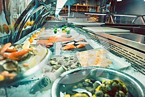 Fresh raw salmon fillet in the freezer of a modern restaurant