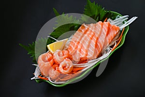 fresh raw salmon fish for cooking food seafood salmon fish, salmon sashimi food salmon fillet japanese menu with shiso perilla