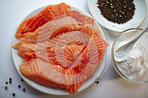 Fresh raw salmon fish fillet on a white plate