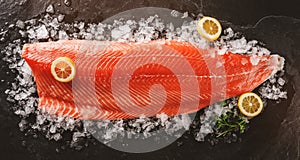 Fresh raw salmon fish steak with spices on ice over dark stone background. Creative layout made of fish, top view, flat lay