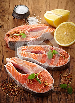 Fresh raw salmon steak slices