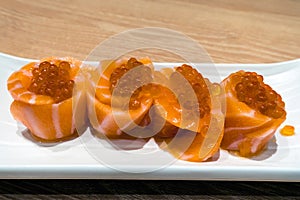 Fresh Raw Salmon Sushi with Roe Closeup
