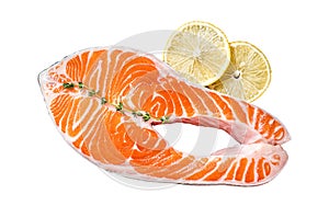 Fresh Raw Salmon trout Fish Steaks Isolated on white background, top view.