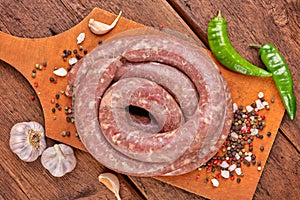 Fresh raw sausage. Flat lay