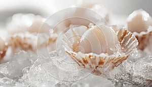 Fresh raw scallops in shell on ice cubes, closeup