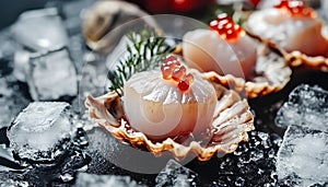 Fresh raw scallops in shell on ice cubes, closeup