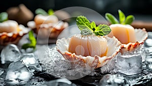 Fresh raw scallops in shell on ice cubes, closeup