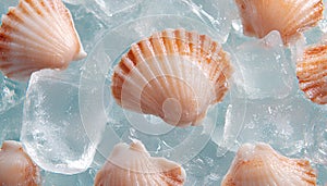 Fresh raw scallops in shell on ice cubes, closeup