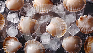 Fresh raw scallops in shell on ice cubes, closeup