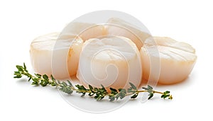 Fresh raw scallops and thyme isolated on white