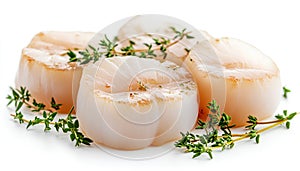 Fresh raw scallops and thyme isolated on white