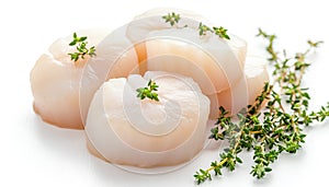 Fresh raw scallops and thyme isolated on white