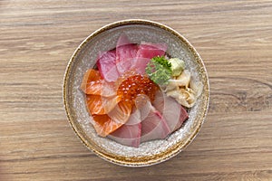 Fresh raw seafood mixed rice bowl Kaisen-don/ Japanese tasty food, Japanese Rice with sashimi of tuna, Maguro, Otoro,