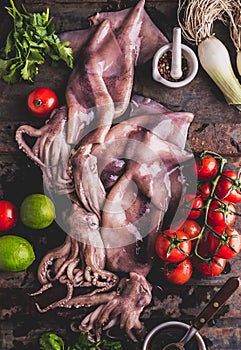 Fresh raw seafood squid calamary and ingredients on dark background. Top view