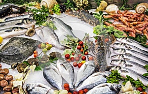 Fresh raw seafoods on counter in restaurant