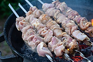 Fresh raw shish kebab, strung on skewers and put on red-hot coals. Juicy turkey meat is being cooked on the backyard of country