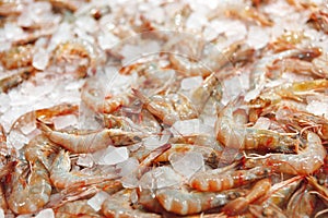 Fresh raw shrimps close up lying on ice in supermarket