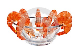 Fresh raw shrimps in glass bowl.