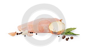 Fresh raw skinless boneless chicken ham meat isolated on white background photo