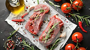 Fresh raw steak ready for grilling. Ingredients for delicious barbecue. Food preparation concept with meat, herbs, and