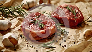 Fresh raw steaks ready for the grill. Succulent beef with herbs. Culinary delights and cooking at home. Gourmet food
