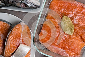 Fresh raw trout or salmon fish slices steak in white plate, head, fillet in glass bowl, with spices on stone background. Creative