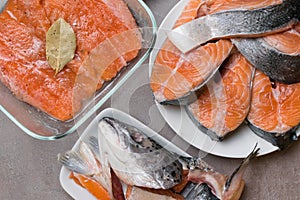 Fresh raw trout or salmon fish slices steak in white plate, head, fillet in glass bowl, with spices on stone background. Creative