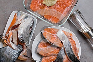 Fresh raw trout or salmon fish slices steak in white plate, head, fillet in glass bowl, with spices on stone background. Creative