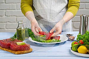 Fresh raw tuna fish was cut into pieces. Cooking Tuna fish