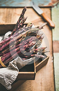 Fresh raw uncooked purple asparagus over rustic background