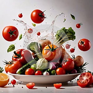 Fresh raw vegetables and fruits, dynamic bursting flying creative layou