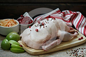 Fresh raw whole duck ready for cooking with apples, cranberries and cabbage