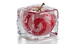 Fresh red apple inside ice cube isolated on white