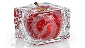 Fresh red apple inside ice cube isolated on white