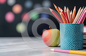 Fresh red apple sits on stacked notebooks in a classroom with colorful pencils in background