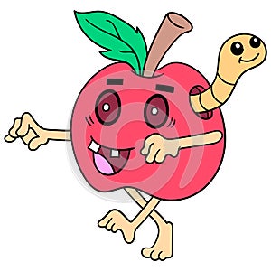 The fresh red apple turned into a zombie walking corpse preying on a caterpillar. doodle icon image kawaii