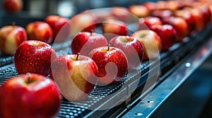 Fresh red apples arranged on a conveyor belt for sorting or packaging