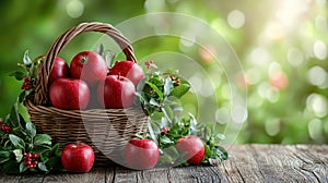Fresh red apples in a basket, surrounded by greenery