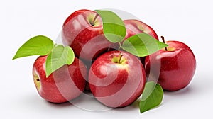 Fresh red apples with green leaves