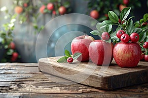 Fresh red apples with leaves and berries on wooden table, closeup. Generative AI