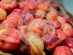 Red juicy apples. Sale of ripe fruits in the store. Close-up